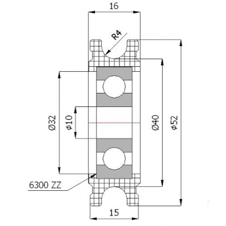 Rolka profilowana poliamidowa fi 52 mm na linkę fi 8 mm - otwór w piaście 10 mm