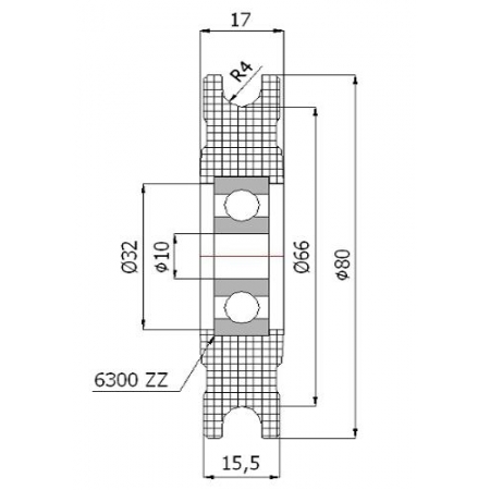 Rolka profilowana poliamidowa fi 80 mm na linkę fi 8 mm - otwór w piaście 10 mm