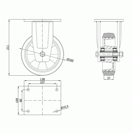 Koła aluminiowo-gumowe fi 160 mm w obudowie stałej spawanej - opona czarna