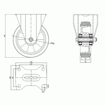 Koła aluminiowo-gumowe fi 160 mm w obudowie stałej - opona szara