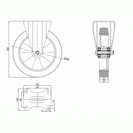 Koła aluminiowo-gumowe fi 250 mm w obudowie stałej - opona czarna