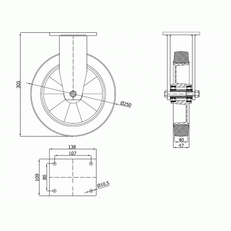 Koła aluminiowo-gumowe fi 250 mm w obudowie stałej spawanej - opona szara