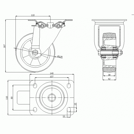 Koła aluminiowo-gumowe fi 125 mm w obudowie skrętnej - opona szara