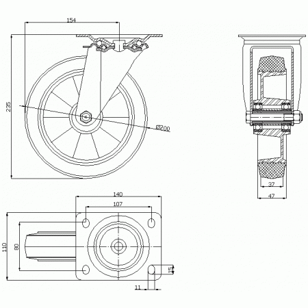 Koła aluminiowo-gumowe fi 200 mm w obudowie skrętnej - opona szara