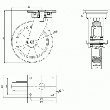 Koła aluminiowo-gumowe fi 200 mm w obudowie skrętnej spawanej - opona czarna