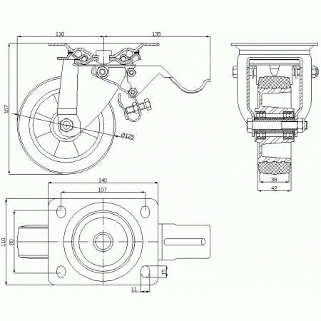 Koła aluminiowo-gumowe fi 125 mm w obudowie skrętnej z hamulcem - opona szara