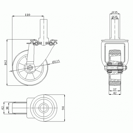 Koła aluminiowo-gumowe fi 125 mm w obudowie skrętnej z trzpieniem - opona szara