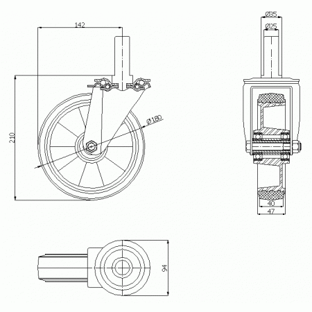 Koła aluminiowo-gumowe fi 180 mm w obudowie skrętnej z trzpieniem - opona szara