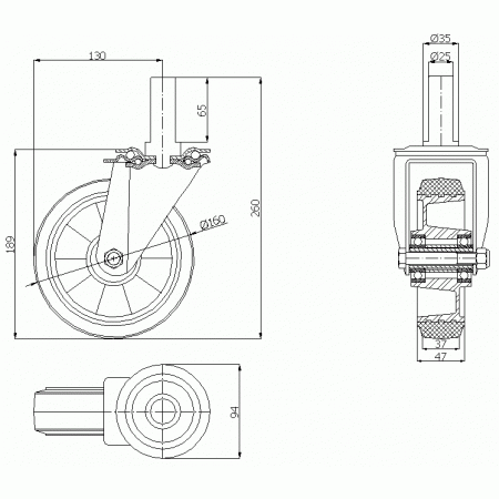 Koła aluminiowo-gumowe fi 160 mm w obudowie skrętnej z trzpieniem - opona szara