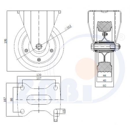 Koła fi 160 metalowo-gumowe do 220 kg w obudowach stałych