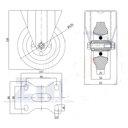 Koła fi 125 metalowo-gumowe do 70 kg w obudowach stałych