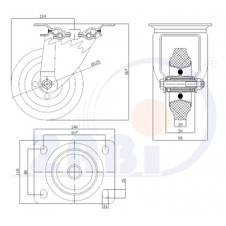 Koła fi 125 metalowo-gumowe do 80 kg w obudowie skrętnej, opona czarna