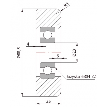 Rolka metalowa fi 88,5 ułożyskowana fi 20 do 250 kg