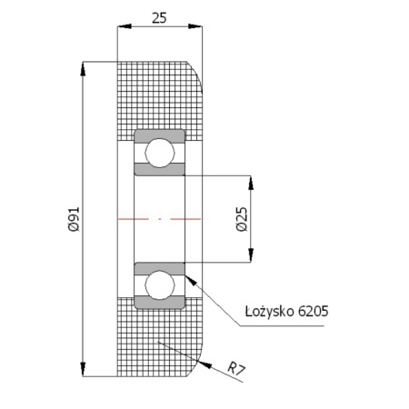 Rolka poliamidowa z łożyskiem fi 91 otwór fi 25 do 100 kg