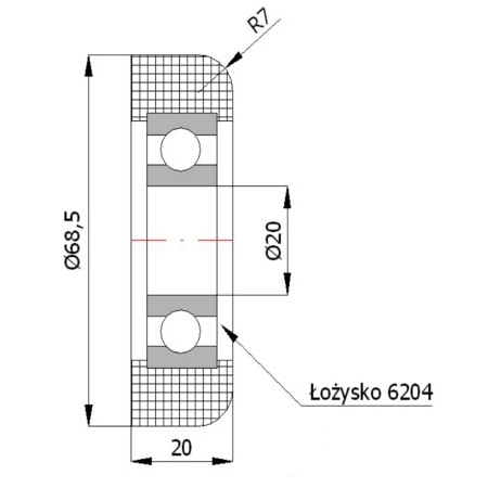 Rolka poliamidowa z łożyskiem fi 68,5 otwór fi 20 do 130 kg