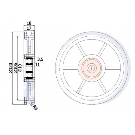 Rolka profilowana poliamidowa fi 120 mm na linkę fi 8 mm - otwór w piaście 10 mm