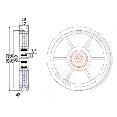 Rolka profilowana poliamidowa fi 120 mm na linkę fi 10 mm - otwór w piaście 10 mm