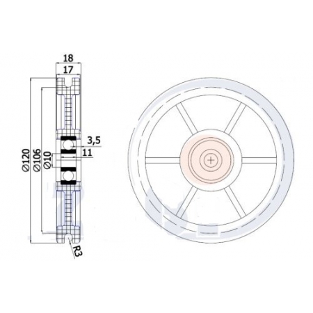 Rolka profilowana poliamidowa fi 120 mm na linkę fi 6 mm - otwór w piaście 10 mm