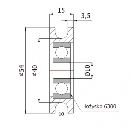 Rolka profilowana metalowa fi 54 mm na linkę fi 10 mm z mocowaniem