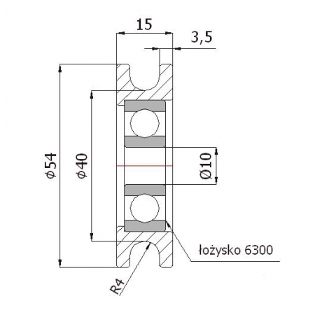 Rolka profilowana metalowa fi 54 mm na linkę fi 8 mm