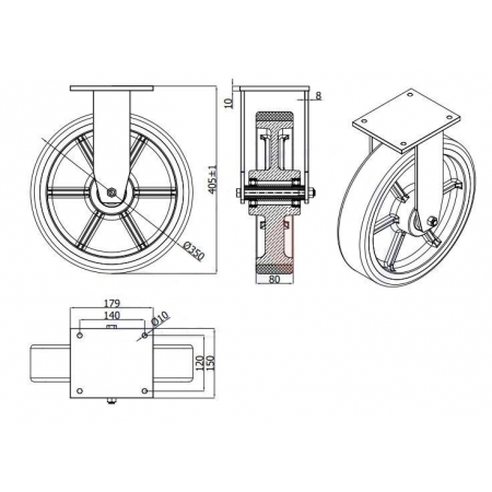 Koła żeliwne z poliuretanem fi 350 mm w obudowie stałej - spawanej