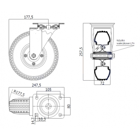 koło pneumatyczne fi 225 (70 kg) w obudowie skrętnej