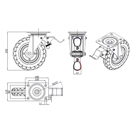 koło pneumatyczne fi 200 (50 kg) w obudowie skrętnej z hamulcem