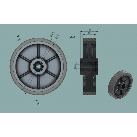 Koła żeliwne z poliuretanem fi 350 - owtór w piaście 25 mm