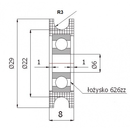 Rolka profilowana poliamidowa fi 29 mm na linkę fi 6 mm - otwór w piaście 6 mm