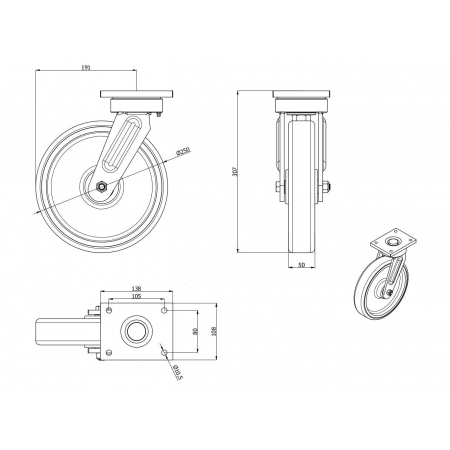 Koła żeliwne z poliuretanem fi 250 mm w obudowie skrętnej - spawanej
