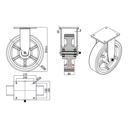 Koła żeliwne z poliuretanem fi 300 mm w obudowie stałej - spawanej
