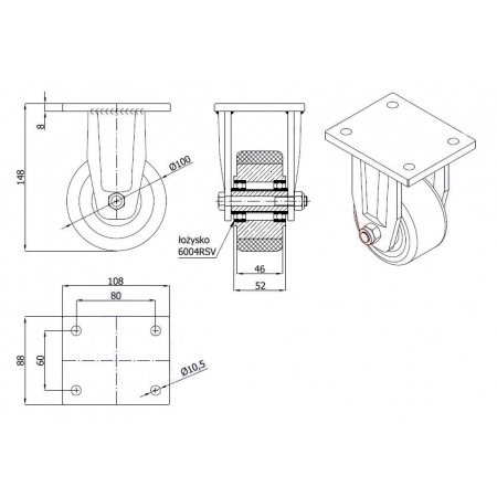 Koła żeliwne z poliuretanem fi 100 mm w obudowie stałej - spawanej