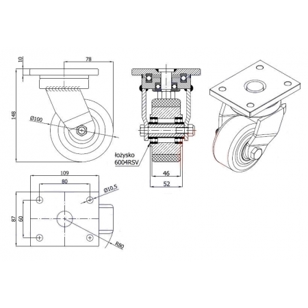 Koła żeliwne z poliuretanem fi 100 mm w obudowie skrętnej - spawanej