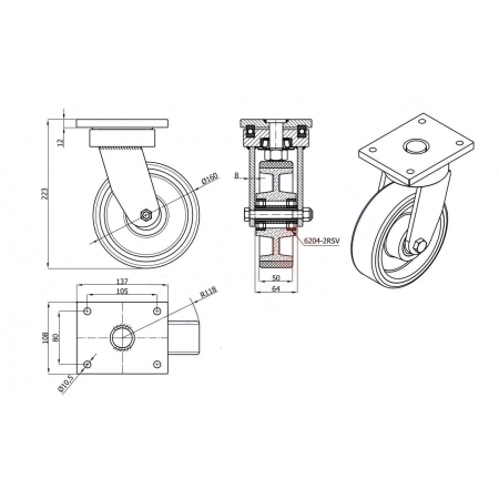 Koła żeliwne z poliuretanem fi 160 mm w obudowie skrętnej - spawanej