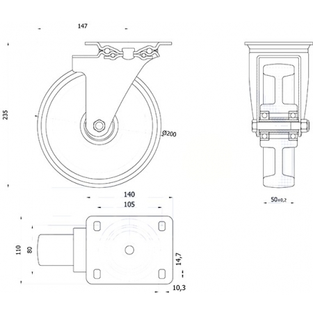 Koło tworzywowe - poliamidowe fi 200 - skrętne ( do 400 kg )