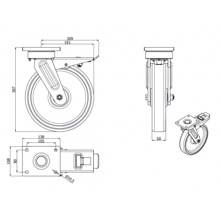 Koła żeliwne z poliuretanem fi 250 mm w obudowie skrętnej - spawanej z hamulcem