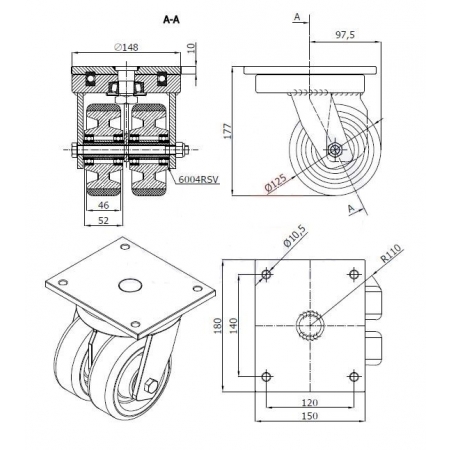 Koła żeliwne z poliuretanem fi 125 mm w obudowach skrętnych - spawanych - podwójne