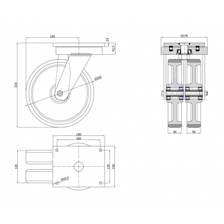 Koła żeliwne z poliuretanem fi 250 mm w obudowach skrętnych - spawanych - podwójne