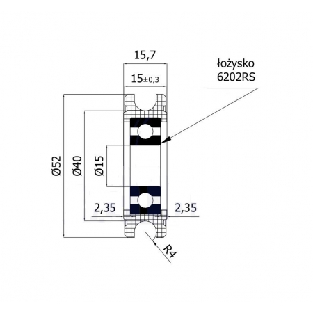 Rolka profilowana poliamidowa fi 52 mm na linkę fi 8 mm - otwór w piaście 15 mm