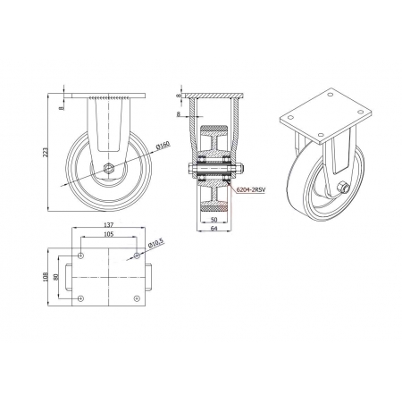 Koła żeliwne z poliuretanem fi 160 mm w obudowie stałej - spawanej