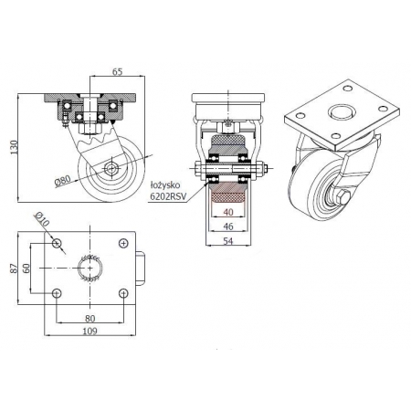Koła żeliwne z poliuretanem fi 80 mm w obudowie skrętnej - spawanej
