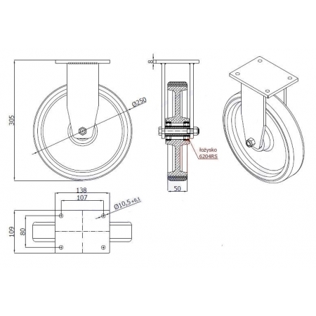 Koła żeliwne z poliuretanem fi 250 mm w obudowie stałej - spawanej
