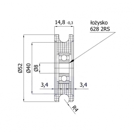 Rolka profilowana poliamidowa fi 52 mm na linkę fi 8 mm - otwór w piaście 8 mm