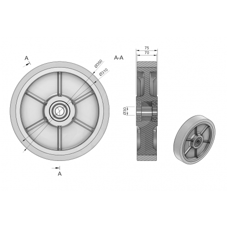 Koła żeliwne z poliuretanem fi 350 - owtór w piaście 30 mm, wąska piasta