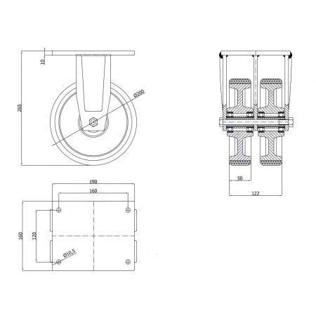 Koła żeliwne z poliuretanem fi 200 mm w obudowach stałych - spawanych - podwójne