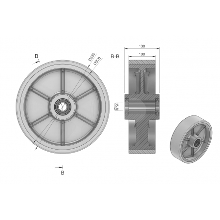 Koła żeliwne z poliuretanem fi 350 - owtór w piaście 30 mm, szeroka piasta