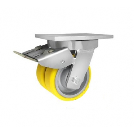 Koła żeliwne z poliuretanem fi 125 mm w obudowach skrętnych spawanych z hamulcem - podwójne