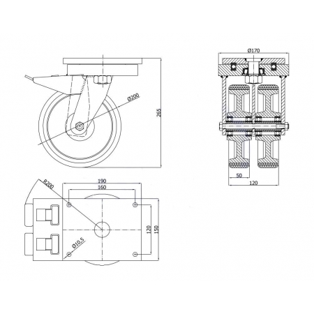 Koła żeliwne z poliuretanem fi 200 mm w obudowach skrętnych - spawanych z hamulcem - podwójne