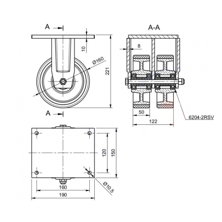 Koła żeliwne z poliuretanem fi 160 mm w obudowach stałych - spawanych - podwójne