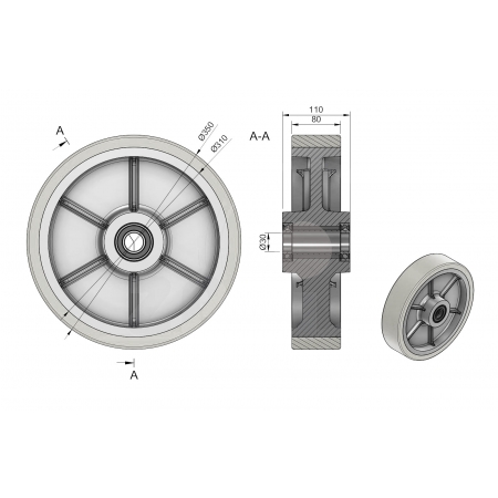 Koła żeliwne z poliuretanem fi 350 - owtór w piaście 30 mm